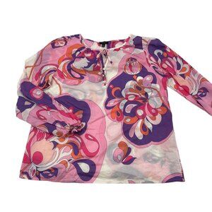 Talbots Petite MP Pink & Purple Floral Long Sleeve Cotton‎ Blouse Top